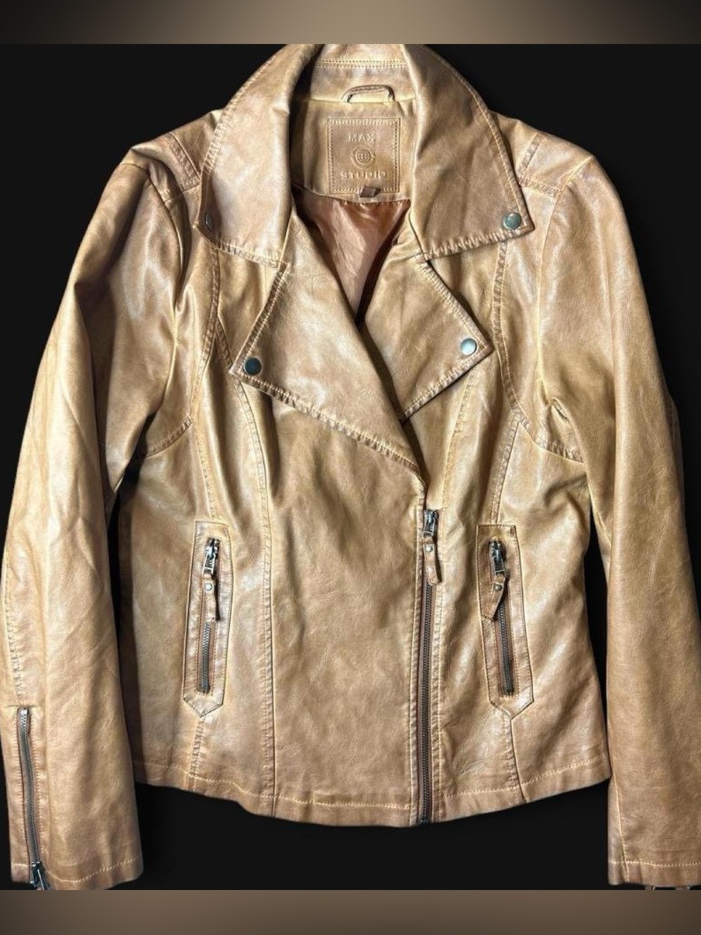Max Studio Caramel Tan Faux Leather Moto Jacket